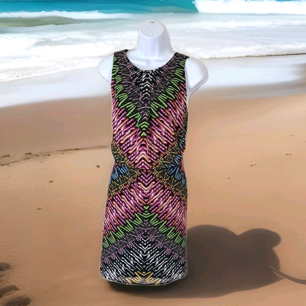 London Times Dress 12‎ Aztec Tribal Print Sleeveless Blouson Keyhole Beachy Boho